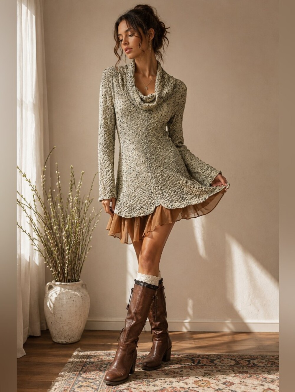 A'Reve Speckled Cream and Black Cowl Neck Long Sleeve Tunic